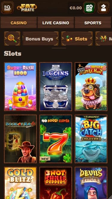 Lobby mobile FatPirate con slot e tavoli live