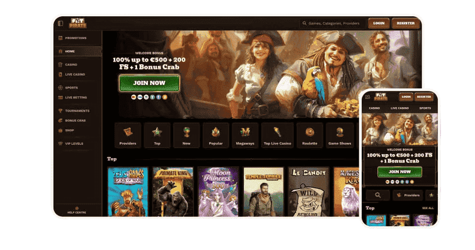 Mobiele lobby van fatpirate met slots en categorieën bovenaan
