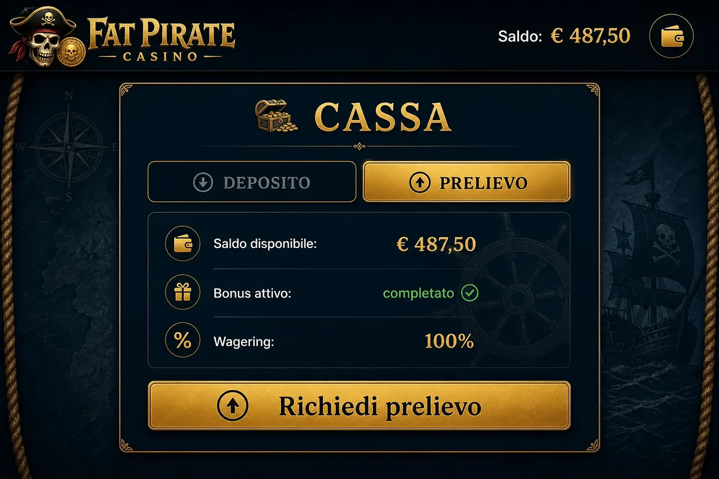 Cassa FatPirate con saldo disponibile e tab Prelievo attivo