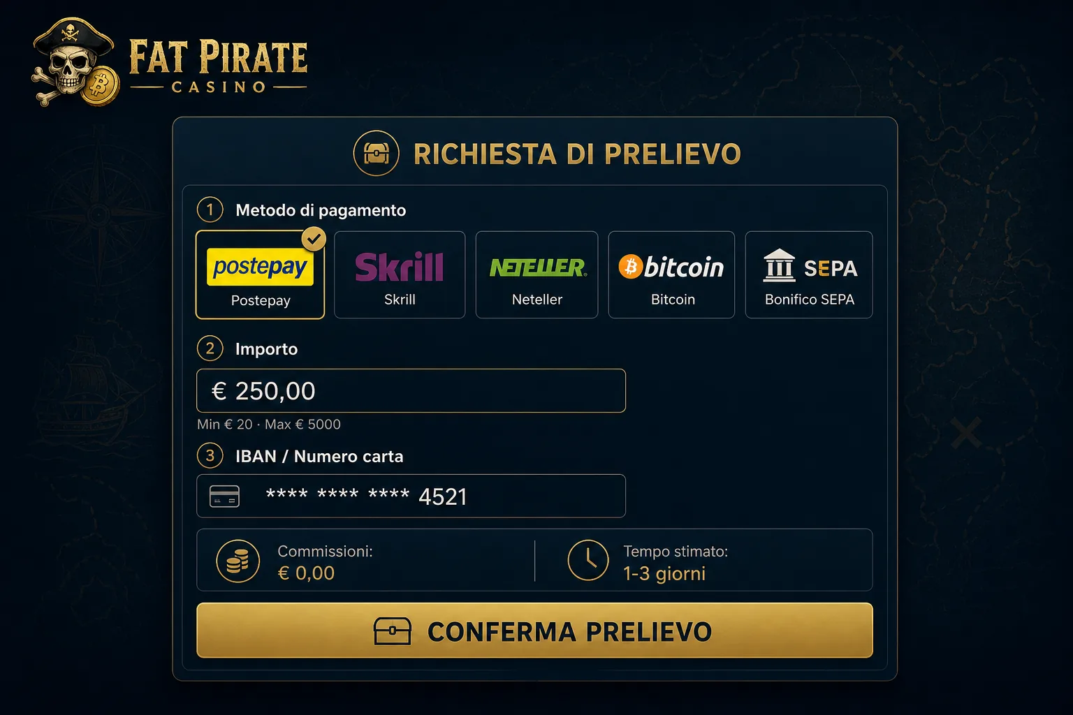 Form di richiesta prelievo con metodo Postepay selezionato e importo 250€