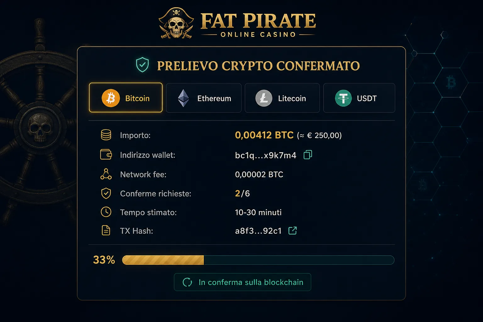 Conferma prelievo Bitcoin con TX hash e progress bar conferme blockchain