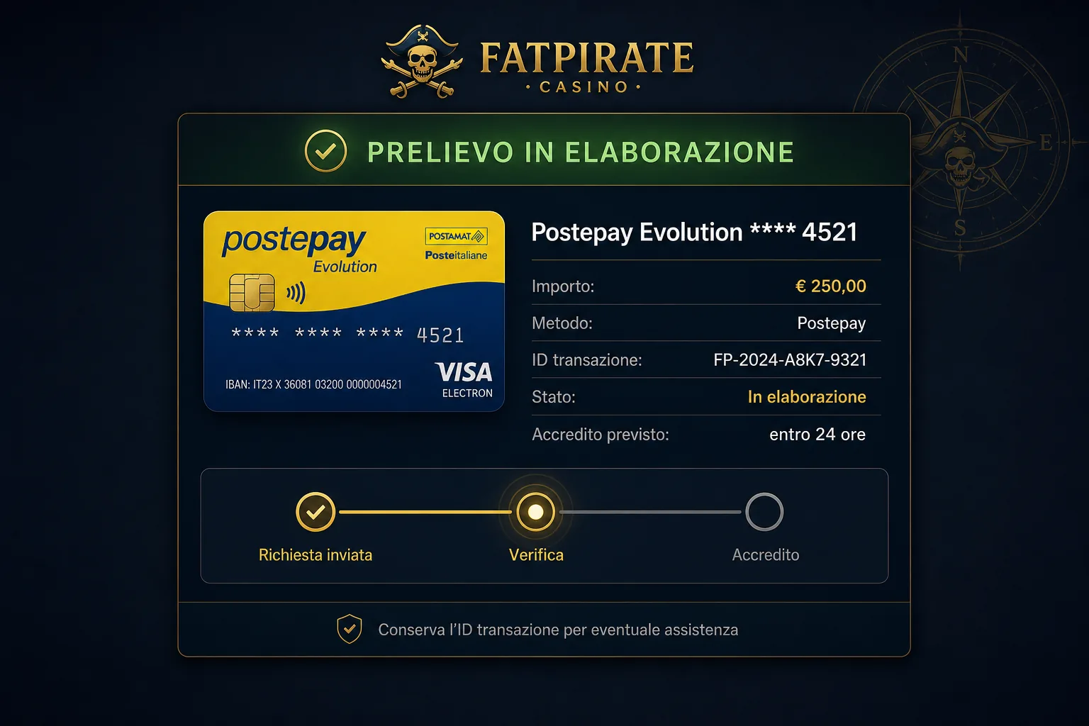Conferma prelievo Postepay in elaborazione con ID transazione e timeline